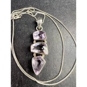 Vintage Sterling Silver Amethyst Triple Stone Pendant Necklace 25”